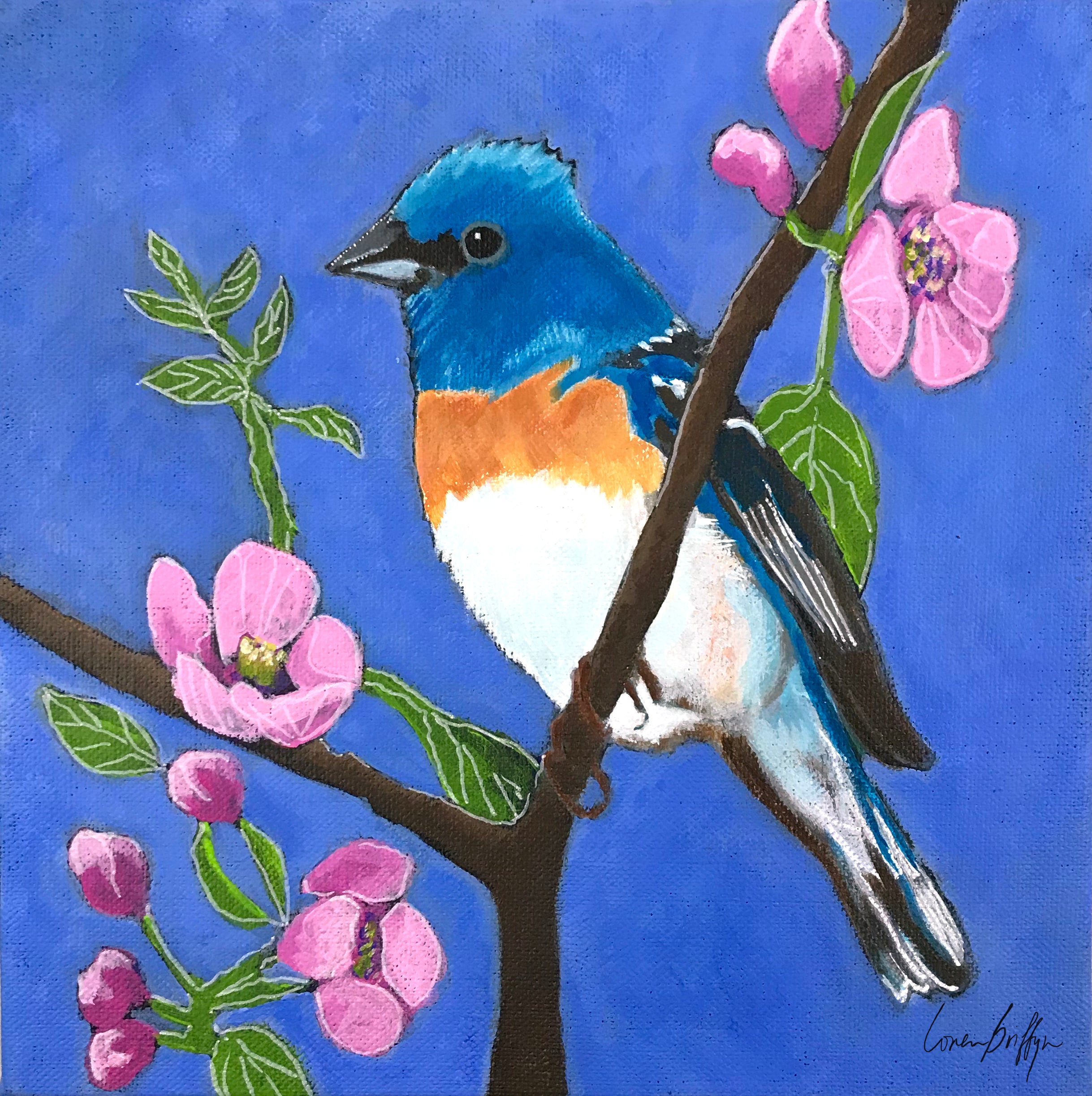 ［bluebird］絵画　油絵　※値段交渉あり Bluebird among the Blooms | Original Acrylic Painting on Linen