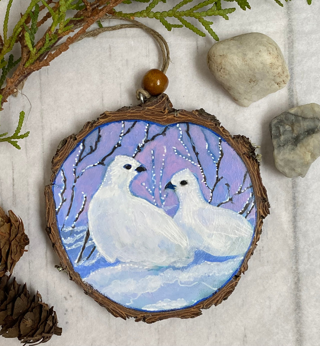 White Ptarmigans | Original Wood Slice Painting